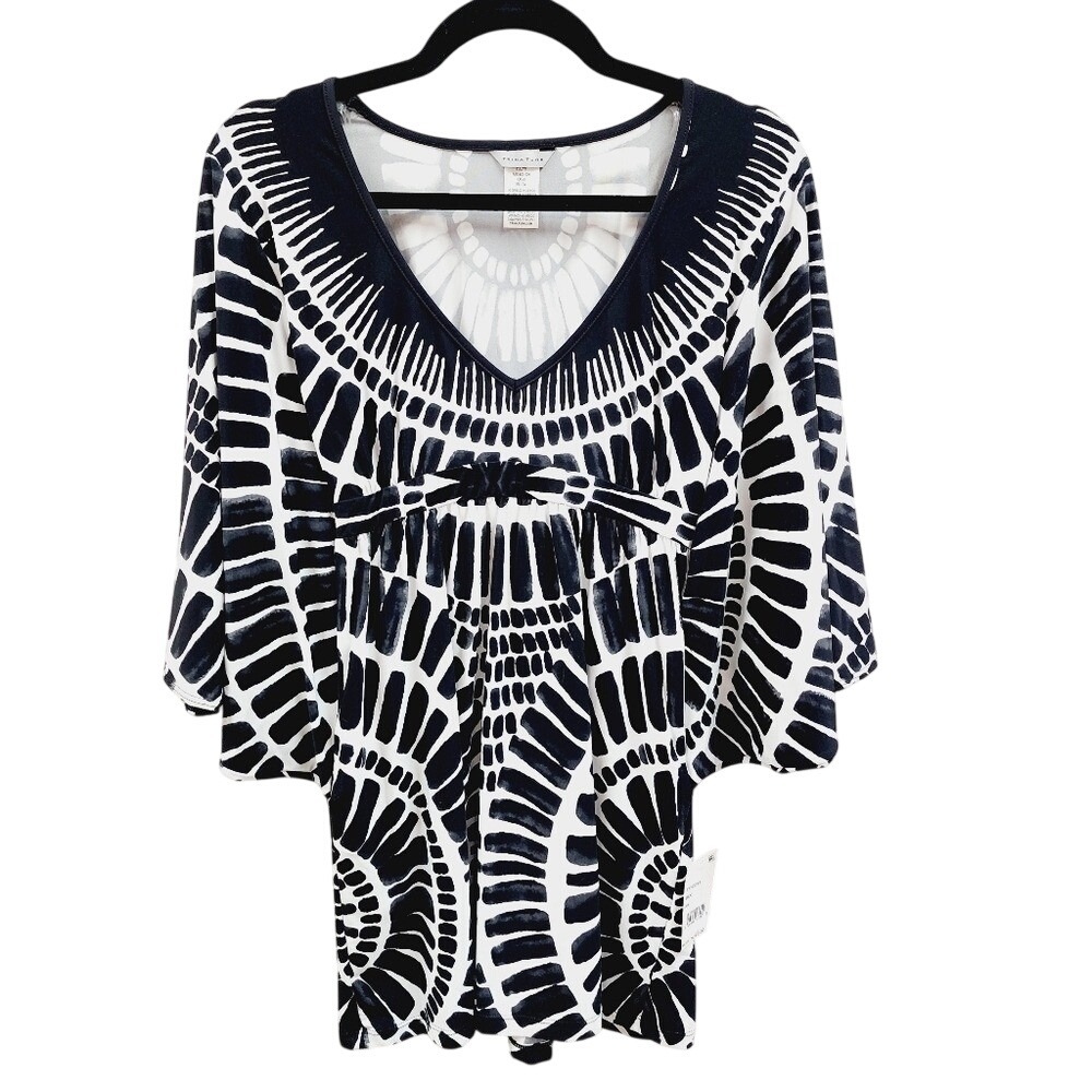 NWF Trina Turk Black White Geometric Empire Waist Butterfly Sleeve Top XS